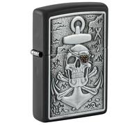 Zippo - Briquet Tempête Motif Tête De Mort Avec Ancre, Noir Mat, Impression Emblem, Rechargeable, Réutilisable, Coupe-vent, Coffret Cadeau, Fabriqué Aux États-Unis
