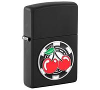 Zippo Briquet Tempête - Poker Chip & Cherries - Noir Mat, Emblème - Rechargeable - Réutilisable - Design Coupe-Vent - Coffret Cadeau - Fabriqué aux États-Unis