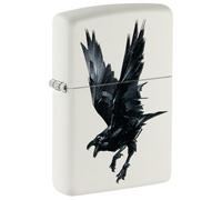 Zippo Briquet tempête Raven, corbeau, blanc mat, image couleur, rechargeable, réutilisable, design coupe-vent, boîte cadeau, fabriqué aux États-Unis