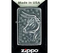 Zippo Briquet Taurus Chrome Avec Plaque Tête de Taureau Signe Du Zodiaque