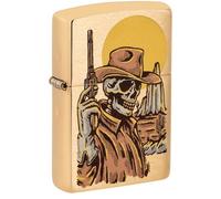 Zippo Briquet tempête Wild West Skeleton, squelette du Far West, laiton brossé, image couleur, rechargeable, réutilisable, design coupe-vent, boîte cadeau, fabriqué aux États-Unis