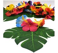 Ziranee Décoration de Fête Tropicale,24 Feuilles de Palmier Tropical+24 Fleurs Artificielles 6" Feuilles de Monstera avec Tige Fleurs d'hibiscus Hawaïen pour Décorations de Table de Fête