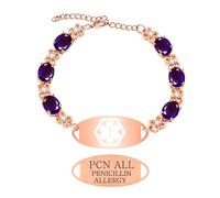 Zircobic Bracelet Alerte Allergie Pénicilline, Plaque Acier Inoxydable Gravée Laser, Zircon Violet, Chaîne Or Rose, Design Léger et Peau Amicale pour Usage Médical Quotidien