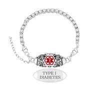 Zircobic Bracelet Alerte Médicale Tennis Zircon Blanc pour Femme, Plaque Gravée Laser TYPE I DIABETES Remplaçable, Léger pour Usage Extérieur et Quotidien