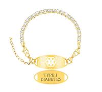 Zircobic Bracelet Alerte Médicale TYPE I DIABETES, Design Chaîne Tennis Or, Plaque Acier Inoxydable Remplaçable, Ajustable, Idéal pour Course et Fitness