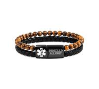 Zircobic bracelet allergie pénicilline - Cuir PU étanche et œil de tigre, plaque inox noire gravée au laser, confortable pour voyage et sport