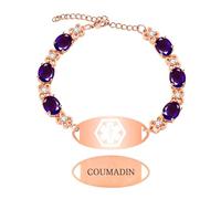Zircobic Bracelet COUMADIN avec Perles de Zircon Violet, Plaque en Acier Gravée, Chaîne Rosé Gold Résistante à l'Eau, Léger et Idéal pour le Port en Extérieur ou lors d'Exercices