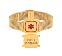 Zircobic Bracelet d’alerte médicale en acier inoxydable doré - Léger, étanche, bijou d’identification médicale minimaliste avec gravure laser Type I Diabetes pour voyage, usage décontracté et actif