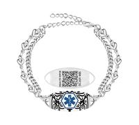 Zircobic Bracelet d’Alerte Médicale QR Code - Chaîne Double Cœur Réglable en Acier Inoxydable, Gravé avec les Informations du Client, Bijou Léger et Étanche pour Voyage, Fitness, Usage Quotidien