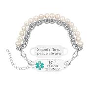 Zircobic Bracelet d’Alerte Médicale Stylé pour Femmes - Plaque Gravée Blood Thinner en Acier Inoxydable, Perles Naturelles, Réglable, Léger, Étanche pour Usage Quotidien et Voyage