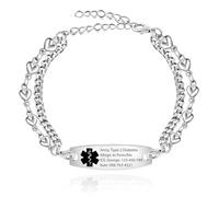 Zircobic Bracelet d'alerte médicale d'urgence | Bracelet d'identification gravé | Bijoux avec nom et adresse de téléphone | Homme Femme | Chaîne d'extension de 19,1 cm + 5,1 cm | Double chaîne en