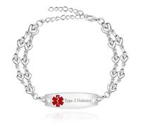 Zircobic Bracelet d'alerte médicale ID gravé Icône rouge Bracelets d'infirmière pour diabète de type 2 avec double chaîne en acier inoxydable Hommes Femmes 7,5"+2" Chaîne supplémentaire YA3989