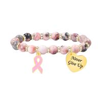Zircobic Bracelet de Sensibilisation Rose pour Femmes - Pierre Zébrée Rose avec Breloque Cœur Dorée Gravée « Never Give Up », Bijou Inspirant à Signification Symbolique