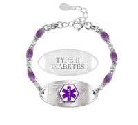 Zircobic Bracelet d'identification médicale en acier inoxydable avec pierres CZ violettes, gravé TYPE II DIABETES, alerte santé pour adultes, durable pour usage quotidien, fitness et voyage