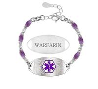 Zircobic Bracelet d'identification médicale en acier inoxydable durable et étanche avec CZ violet, plaque gravée WARFARIN, bijou léger et confortable pour fitness et usage quotidien