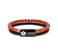 Zircobic bracelet en cuir PU pour asthme - Perles d'agate rayée rouge élégantes, plaque en acier inox gravée au laser, résistant à l’eau pour bureau, sport ou usage quotidien