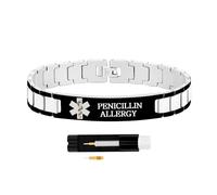 Zircobic Bracelet ID Médical Argent & Noir - Gravure « Allergie à la Pénicilline », Acier Inoxydable Étanche, Léger et Confortable toute la Journée