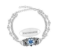 Zircobic Bracelet ID Médical Moderne en Acier Inoxydable - Plaque Gravée Pacemaker, Chaîne Double Cœur Réglable, Bijou Léger, Étanche et Confortable pour Course, Fitness, Usage Quotidien