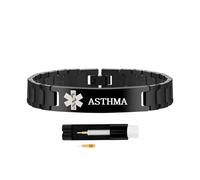 Zircobic Bracelet Médical Asthme - Acier Inoxydable Noir Gravé au Laser, Étanche et Hypoallergénique, Design Fin pour Usage Actif et Quotidien