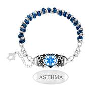 Zircobic Bracelet Médical Asthme Perles Bleu & Argenté - Étiquette Gravée Acier Inoxydable Durable, Léger et Étanche, Unisexe, Convient pour Quotidien & Sport