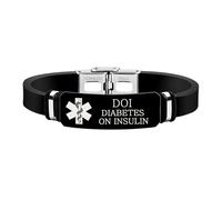 Zircobic Bracelet Médical en Silicone Noir Étanche - Gravé en Acier Inoxydable DIABÈTE SOUS INSULINE, Léger & Durable, Unisexe, Sport en Plein Air & Usage Quotidien