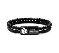 Zircobic Bracelet Médical Étanche - Gravure “Type I Diabetes”, cuir PU et perles polies, confortable pour usage quotidien, course ou activités extérieures légères