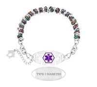 Zircobic Bracelet Médical Mode Perles Argenté Irisé Acier Inoxydable - ID Gravée Laser Diabète de Type 1, Étanche et Durable, Convient à la Natation & Activités Extérieures, Unisexe
