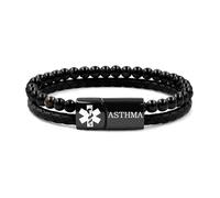 Zircobic Bracelet Médical Quotidien - plaque acier “Asthma”, agate rayée noire et cuir PU, adapté pour usage quotidien ou activité légère