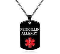 Zircobic Collier Médical Noir Allergie à la Pénicilline - Acier Inoxydable Hypoallergénique, Gravure Laser, Léger, Pour Sports et Urgences