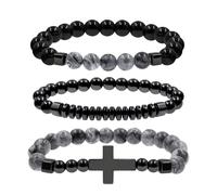 Zircobic Ensemble de 3 Bracelets Croix Foi Religieuse Agate Grise, Agate Noire & Perles Hématite, Design Élastique Empilable, Léger, Étanche, Hypoallergénique, Unisexe pour Usage Quotidien