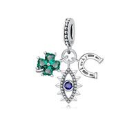 Zircon vert quatre - trèfle à feuilles creux mauvais œil pendentif en fer à cheval, accessoire de bracelet à breloques en argent sterling 925, compatible avec le collier de bracelet pandora