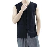 ZIRIA Gilet vintage en coton et lin pour homme - Débardeur - Costume traditionnel chinois - Cardigan ouvert sans manches, Noir , XXXL