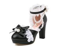 ZIRIA Lolita Shoes - Escarpins Mary Jane à talons avec nœud rouge fraise ouverte sur le côté en dentelle et perles - Sangle de cheville