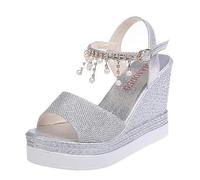 ZIRIA Sandales à talon compensé pour femme - Sandales d'été à plateforme - Sangle à boucle - Bout ouvert - 10 cm - Chaussures pour femme, Argent 2, 36 EU