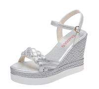 ZIRIA Sandales à talon compensé pour femme - Sandales d'été à plateforme - Sangle à boucle - Bout ouvert - 10 cm - Chaussures pour femme, Argent 1., 33 EU