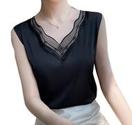 ZIRONG Débardeur Satin Femme,Ladies Silk Tank Tops Sexy Black Lace V-Neck Sleeveless Top - Soft Silky Skin-Friendly Idéal pour Le Quotidien, Shopping, S