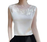 ZIRONG Débardeur Satin Femme,Ladies Skin-Friendly Beige Silk Tank Tops Lace Crewneck Sleeveless Top - Soft Silky Idéal pour Le Quotidien, Le Shopping, La Plage, XL