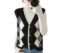 ZIRONG Gilet Pull sans Manche Femme,Gilets De Pull De Printemps/Pull sans Manches À Imprimé Losanges en Laine Mélangée/Cardigan À Col en V pour Femmes,XL