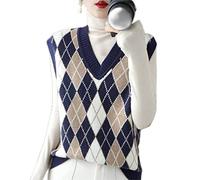 ZIRONG Gilet Pull sans Manche Femme,Pull À Losanges sans Manches en Mélange De Laine pour Femmes Débardeurs À Col en V Décontractés Printemps, M