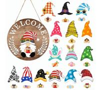 ZiStarlilife Panneau de bienvenue en bois avec 30 pièces magnétiques interchangeables, 15 chapeaux et 15 accessoires saisonniers, décoration d'intérieur pour les vacances, décoration de porche (MZ980B