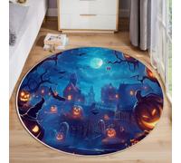 ZISTRCBAO Antidérapant Tapis Ronds Manoir Citrouille Chauve-Souris 60cm | Lavable & Doux Tapis Rond Halloween Fantastique Décoratif pour Chambre Cuisine Intérieur Extérieur, Bleu Foncé