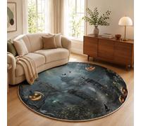 ZISTRCBAO Antidérapant Tapis Ronds Manoir Lanternes Citrouilles Toiles D'Araignée 100cm | Lavable & Doux Tapis Rond Halloween Effrayant Décoratif pour Chambre Cuisine Intérieur Extérieur, Gris-Bleu