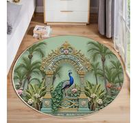 ZISTRCBAO Arche du Jardin des Paons Tapis Salon Rond 60cm, Vert Poil Court Tapis Descente De Lit Chambre, Style Chinois Rétro Doux Tapi De Salon Lavable pour Chambre à Coucher Chambre d'enfant Table