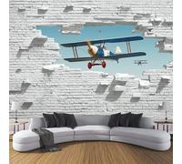 ZISTRCBAO Avion 3D Traversant Un Mur De Briques Murales Panoramique 250x175cm, Abstrait Moderne Mural Fond D'écran, Blanc Mur De Fond TV Chambre Enfant Adulte Papier Peint Poster