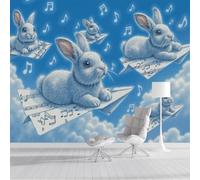 ZISTRCBAO Avion En Papier Lapin Note De Musique Murales Panoramique 200x140cm, Animal De Dessin Animé Mural Fond D'écran, Bleu Mur De Fond TV Chambre Enfant Papier Peint Poster