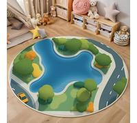 ZISTRCBAO Carte De Ville Dessinée Tapis Rond Lavable 120cm, Minimalisme Tapis Rond De Sol Antidérapant pour Entrée De La Salle De Jeux De La Chambre d'enfant, Vert
