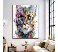 ZISTRCBAO Chat À Lunettes Impression Sur Toile 80×120 cm Tableau Animaux À L'Aquarelle Affiche Art Mural Decoration Poster Aesthetic Pour Chambre Salon Je Suis Moderne Sans Cadre, Gris