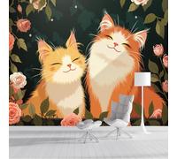 ZISTRCBAO Chat Orange À Fleurs Murales Panoramique 200x140cm, Animal De Dessin Animé Mignon Mural Fond D'écran, Orange Mur De Fond TV Chambre Enfant Papier Peint Poster