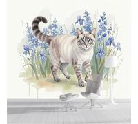 ZISTRCBAO Chat Tigré Fleur D'Iris Papier Peint Panoramique 200x140cm, Papier Peint Soie Animaux Mignons À L'Aquarelle, Mural Poster Tableaux Muraux Pour Salon Chambre Décoration Murale, Multicolore
