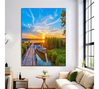 ZISTRCBAO Coucher De Soleil Au Bord Du Lac Impression Sur Toile 60×90 cm Tableau Réalisme Du Paysage Affiche Art Mural Decoration Poster Aesthetic Pour Chambre Salon Je Suis Moderne Sans Cadre, Bleu